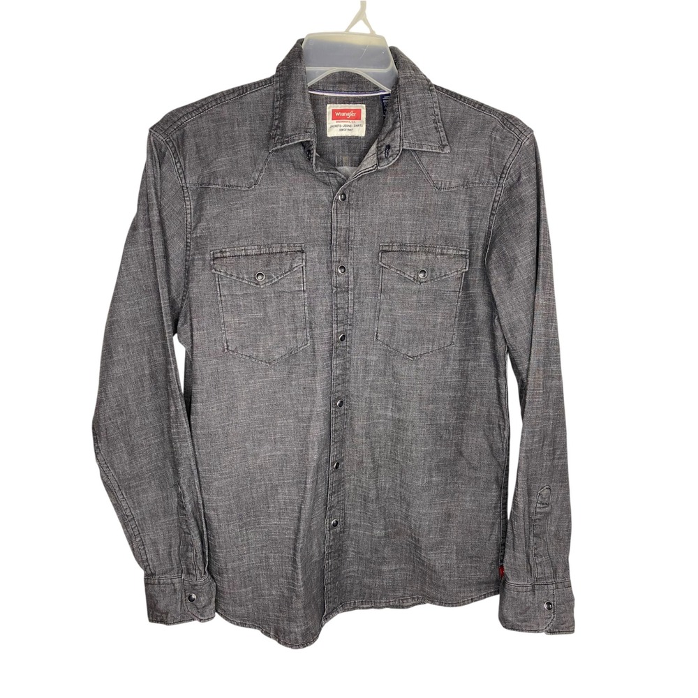 Wrangler Mens Grey Western Snap Button Front Long Sleeve Denim Shirt Medium